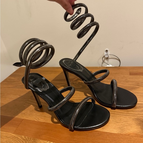 Rene Caovilla Cleo Snake Jeweled Juniper Elegant Black Leather Spiral Heels - Picture 4 of 7